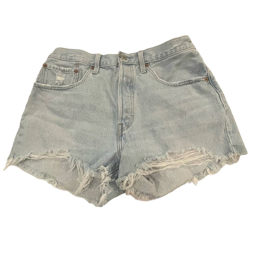 Levis 501 Premium Womens 30 High Rise Distressed Button Fly Light Wash Shorts - Picture 3 of 9